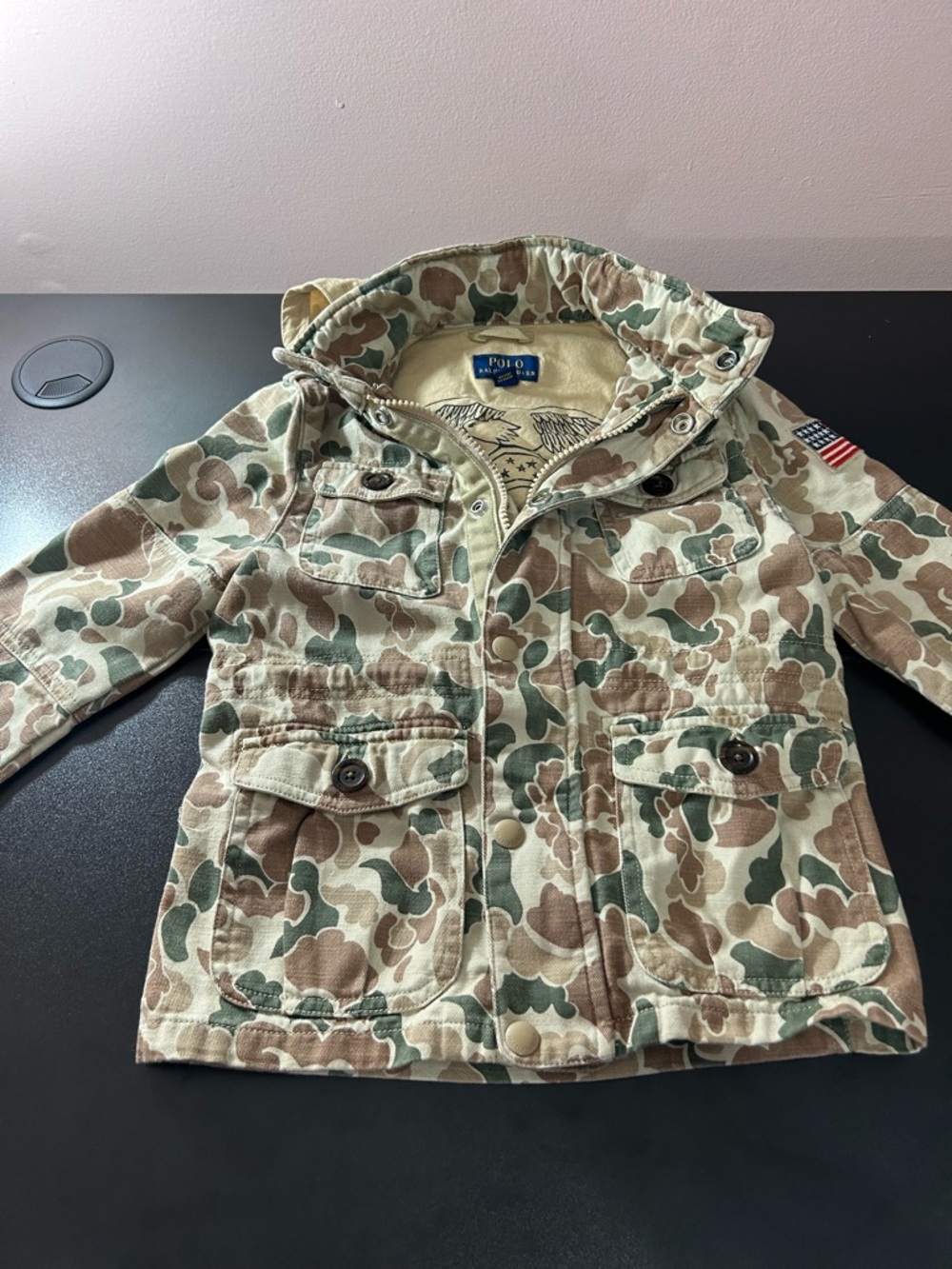 POLO Ralph Lauren Boys' Camo Jacket Hidden Hoodie Green/Brown Size 4/4T